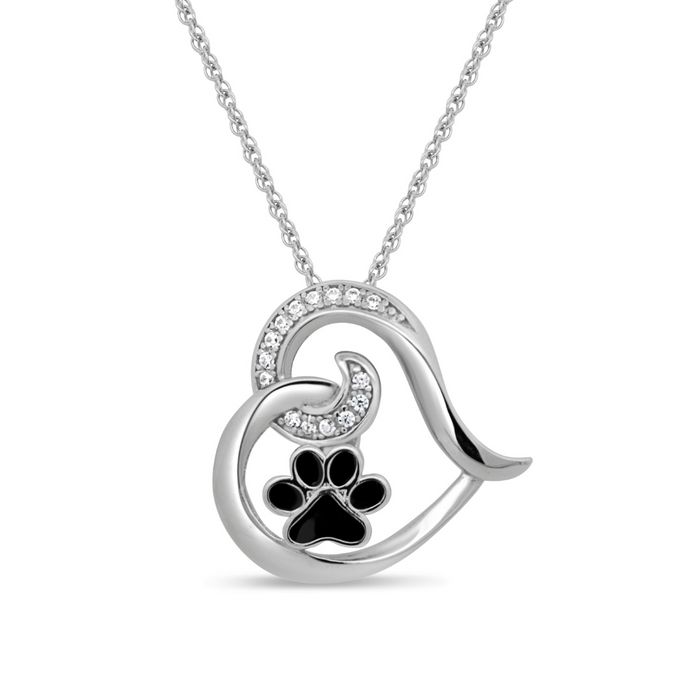 Sterling Silver Paw Print Heart Necklace