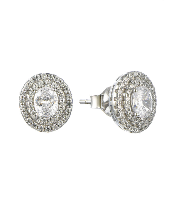 Casablanca Sterling Silver Double Halo Oval Stud Earrings