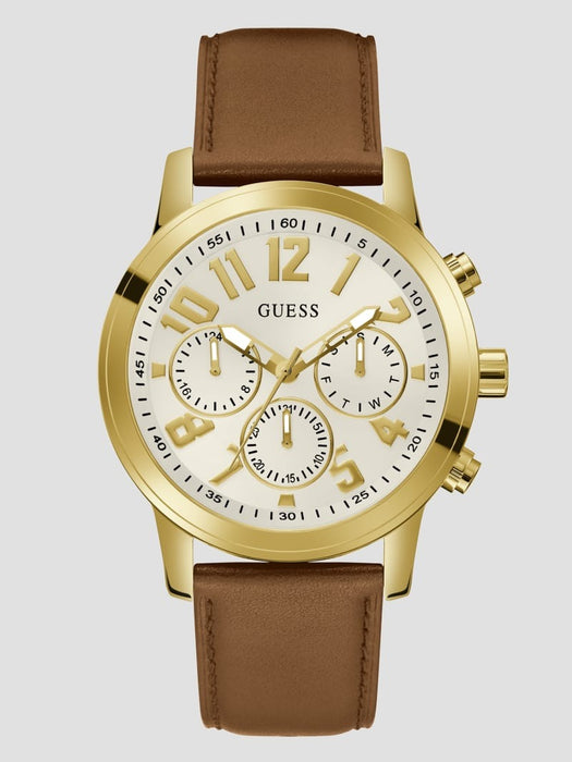 Guess Men's Gold Tone & Brown Leather Strap Watch