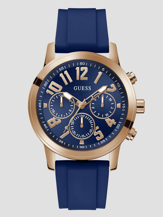 Guess Men's Rose Tone & Blue Silicone Strap Watch