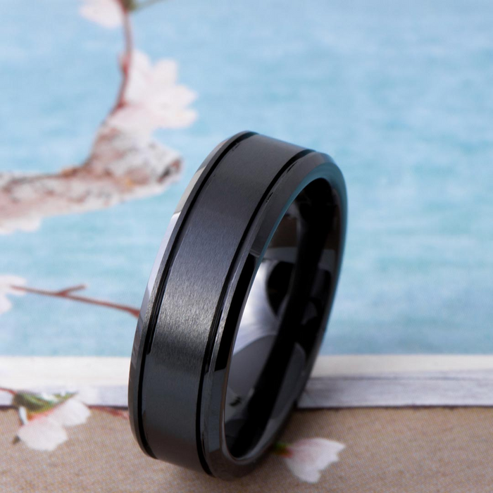 Madani Beveled Brush Black Ceramic Men's Wedding Band